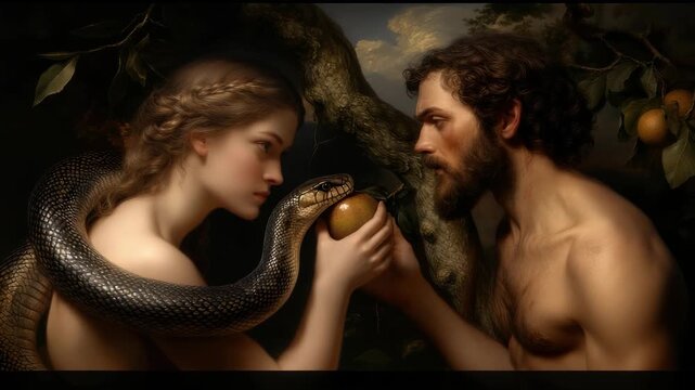 Serpent voice: Adam approach, Eve listen, fruit reach, Eden silence, sin echo, tree secret, divine gaze, sacred breach, moral lapse, exile path, faith shift, biblical message