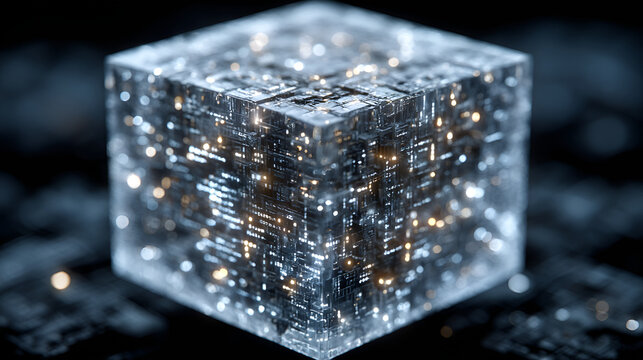 Futuristic Digital Data Cube Representing Blockchain Technology, Big Data, and Cybersecurity