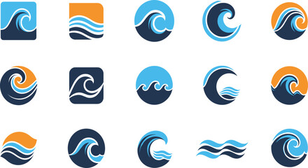 Ocean Wave Logo Vector Set with Abstract Water Symbols in Blue and Orange for Branding Surf Apps Coastal Businesses and Modern Graphic Design Projects