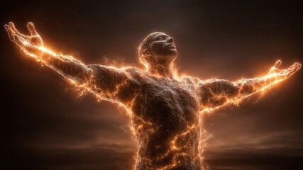 a glowing figure of a man meditating . Generative AI