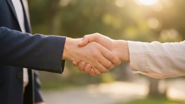 Close-up of two people shaking hands in a professional outdoor setting symbolizing agreement and teamwork