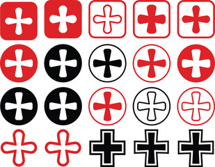Obraz premium Cross icon set, symbol variations, rounded ends, square border, circle border, solid fill, outline style, red, black, white, design grid, logo concept,