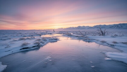 A serene winter landscape with a frozen stream reflecting a vibrant sunset, mountains in background