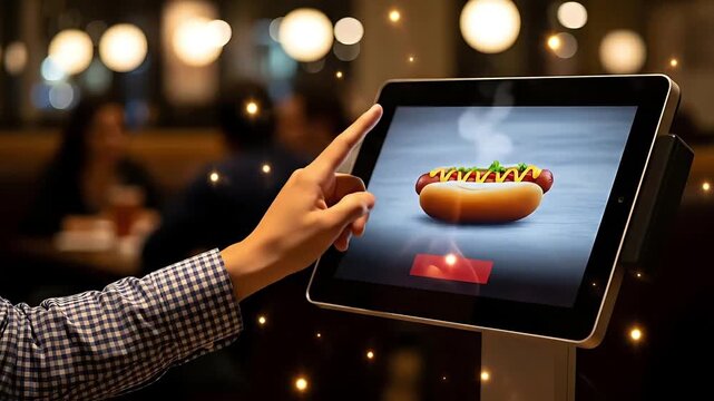 Person Using Digital Tablet to Order Hot Dog with Mustard and Onions in Restaurant Setting