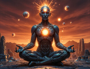 A cybernetic man of the future meditates in the lotus position . Generative AI