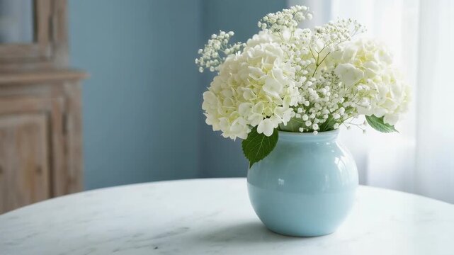 Beautiful white hydrangea flowers in a blue vase on a marble table with a soft background