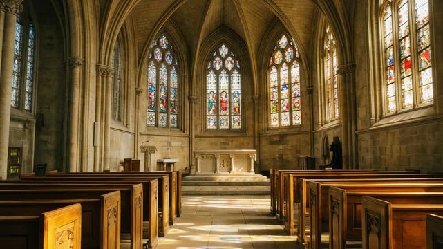 Stunning interior of a historic church with stained glass windows and wooden pews