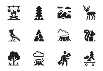 Outdoor recreation icons campfire deer squirrel bird rocks tree stump hiker and skateboard © Habib Stocker