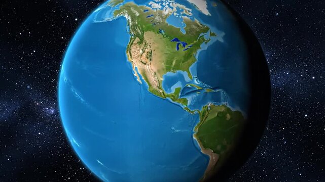 Rotating earth globe with north and south america in universe background