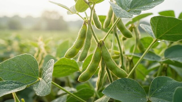 Fresh green soybeans in a vibrant field with dew drops, showcasing agricultural beauty