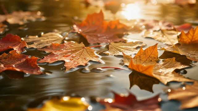 Beautiful autumn leaves floating on water with soft sunlight reflections for nature lovers