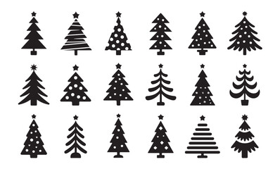 Set of 15 black christmas tree icons with stars and ornaments perfect for festive holiday designs