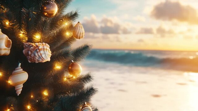 A decorated evergreen tree, embellished with ornaments, against a blurred seascape at dusk