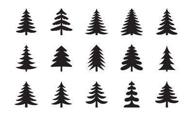 Obraz premium Collection of 15 black pine tree icons simple design for holiday projects and winter landscapes