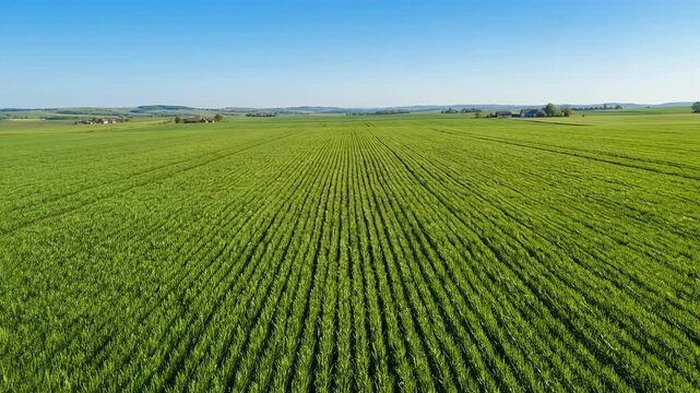 Vibrant green agricultural field under a clear blue sky for farming and nature enthusiasts