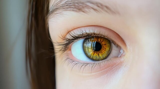 A close-up view of an eye reveals intricate details. The iris displays shades of green and brown