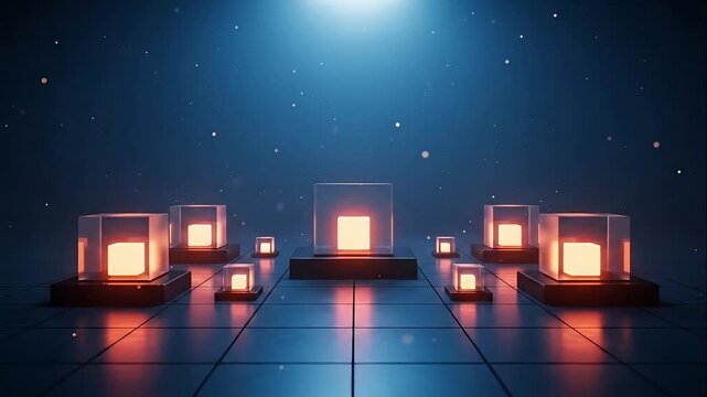 Futuristic Glowing Cube Light Boxes on Digital Grid Floor with Starry Sky Background Abstract