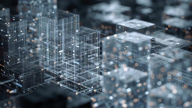 A cityscape with many buildings and a lot of lights. Confidential information ecosystem, layered digital structures isolating sensitive data, modern corporate tech tone
