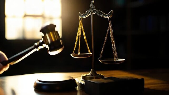 A gavel held over a wooden block next to a scale of justice, with light illuminating the scene