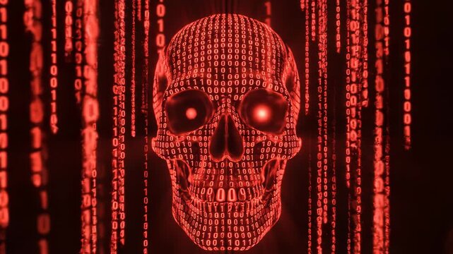 Red skull made of binary code on a dark background with falling 1s and 0s around it