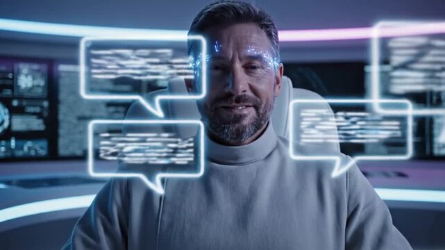 Futuristic Scientist Controlling Digital Interface with Brain Signals and Glowing Blue Energy Beams