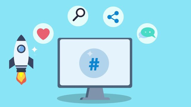 Flat illustration of a computer monitor displaying an AI social hashtag analytics dashboard with engagement and sharing icons. Modern concept for artificial intelligence, social media insights, and di