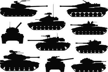 Tank silhouette icon set, military vehicle, armored warfare, turret design, combat, defense, black shape, grid layout, war machine, battle tank, weapon system, army, illustration, graphic, minimal, © Shoriful