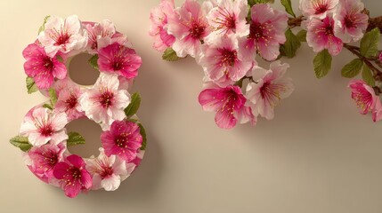 Obraz premium International women's day graphic: number eight in spring tones, pastel background, with space for text