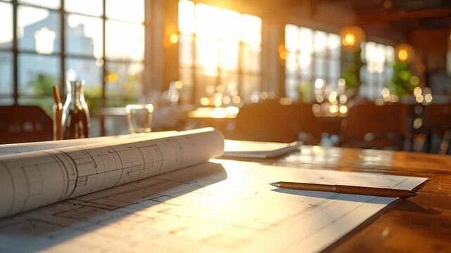 Architectural blueprints and a pen are laid out on a wooden table in a bright office.