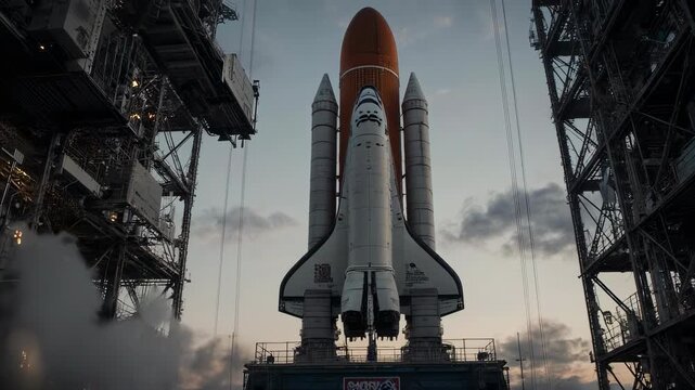 A rocket with orange fuel tank and side boosters sits ready for launch between scaffolding towers