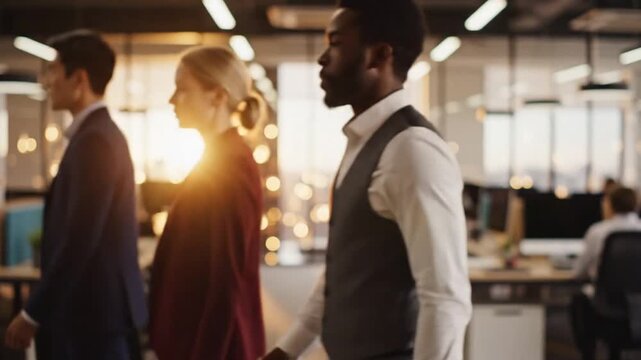 Cinematic slow motion view of a blurred contemporary corporate office interior background featuring professional workspace environment with abstract bokeh lighting and soft focus depth.