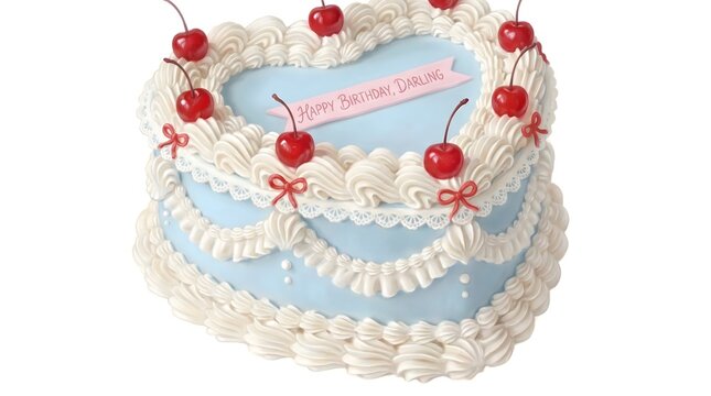 Vintage heart shaped Lambeth style birthday cake with cherries illustration