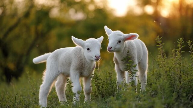 Two young lambs enjoy each other's company in a green field. They interact closely in the warm light of sunset, displaying affection and playfulness