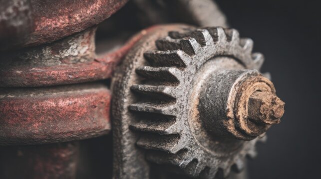 susceptibility. A rusted mechanical gear assembly with one jammed gear, metallic textures, industrial aesthetic. safety posters.