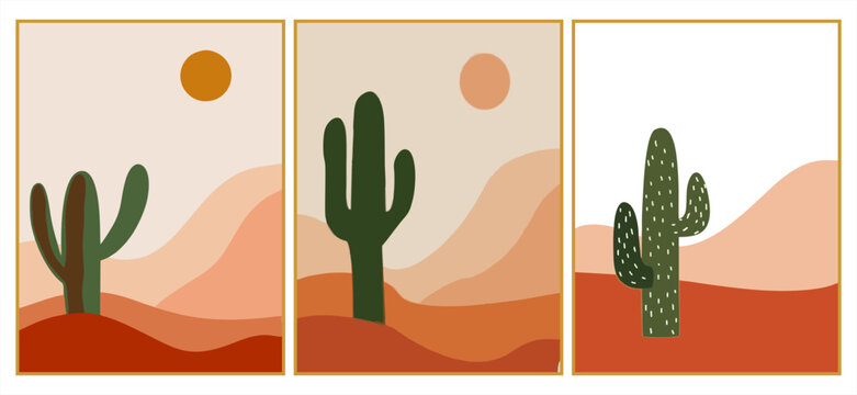 Set of three minimalist desert landscapes. Modern boho posters featuring saguaro cactus silhouettes, sand dunes, and a warm sun in terracotta and earthy tones. Vector.