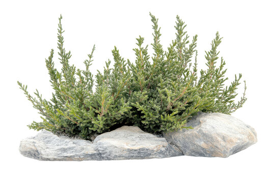 Green thyme herb plant growing on rocks isolated on transparent background. Plant bush tree isolated on white background.