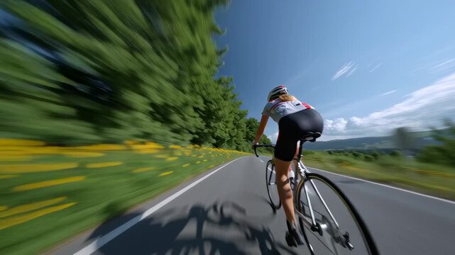 Woman pedals down a straight road lined with bright yellow flowers. The sun shines overhead as the cyclist moves quickly. The setting shows clear blue skies and green trees nearby