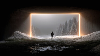 Abstract background silhouette and portal in the snow . Generative AI
