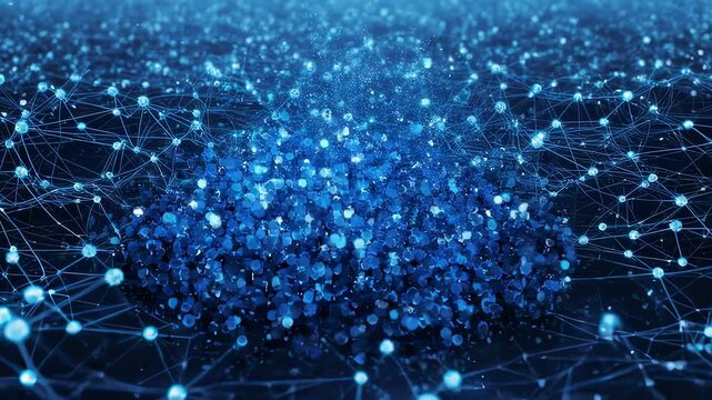 A network of connected nodes with a central cluster in blue, resembling data flow