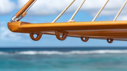 Fototapeta premium outrigger. Polished wooden outrigger boom and float on a blurred ocean background. mobility guides, transit brochures, designed for transport & logistics marketing, used by ui designers.