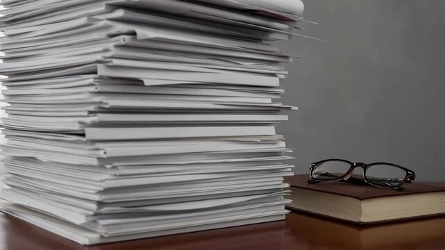 Overwhelmed with paperwork, a large stack of documents sits on the desk.