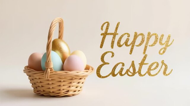 Colorful Easter eggs in wicker basket with Happy Easter text