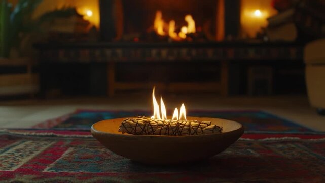 A burning sage bundle in a wooden bowl in front of a fireplace on a patterned rug