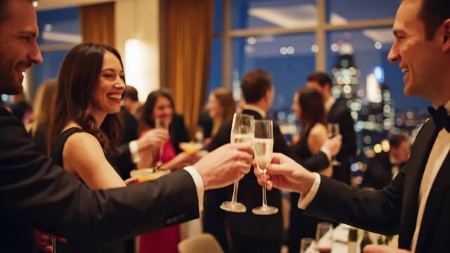 Cinematic Blurred Motion Capture of Professional Colleague Group Celebrating at Corporate Evening Reception Party or Business Office Event with Dynamic Lighting and Bokeh Background Effects