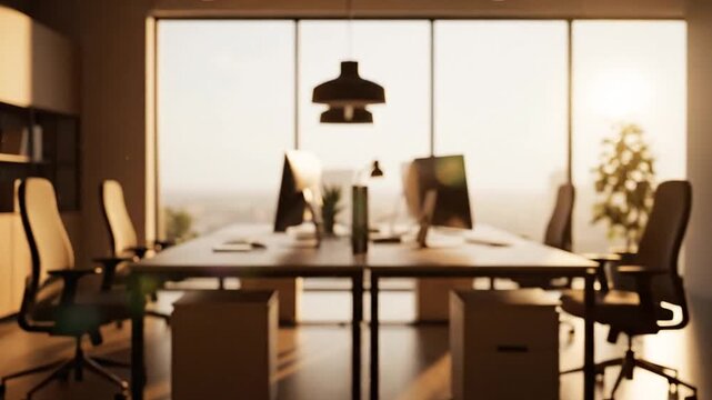 Cinematic slow motion footage of beautiful modern office interior blurry minimalist workspace with professional corporate atmosphere in high definition 4K resolution quality