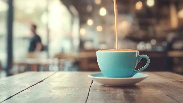 A blue mug on saucer, being filled with hot beverage. Bokeh background of cafe. Wooden table in focus