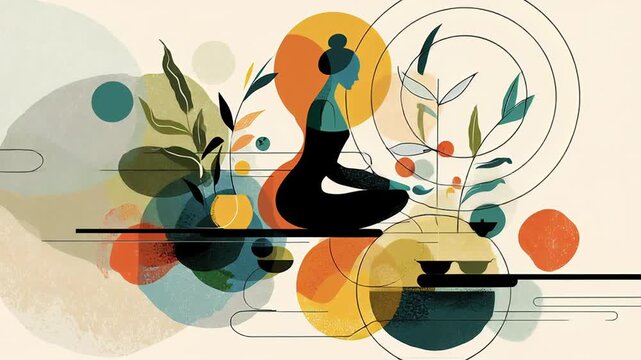 Everyday lifestyle balance for health and longevity illustration, abstract life flow and wellness elements integrated into serene composition, modern minimal design, reassuring and positive atmosphere