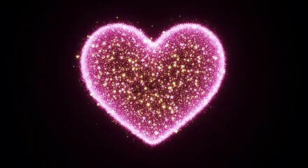 Fototapeta premium Sparkling pink heart glowing with golden particles against a dark background, symbolizing love and magic.