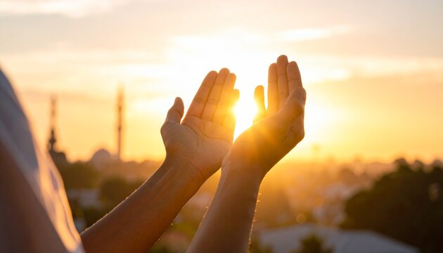 Seeking Illumination: A pair of open hands, reaching towards the radiant sunlight, symbolizing prayer, hope, and spiritual connection. The scene evokes a sense of peace, devotion, and reverence.