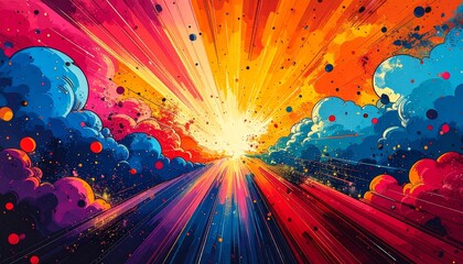 Abstract background with colorful balloons features a bright neon glow and star energy effects in a vibrant space vector design with a motion burst of laser light